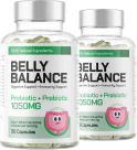 Two bottles of Belly Balance probiotic + prebiotic supplement with 150MG label